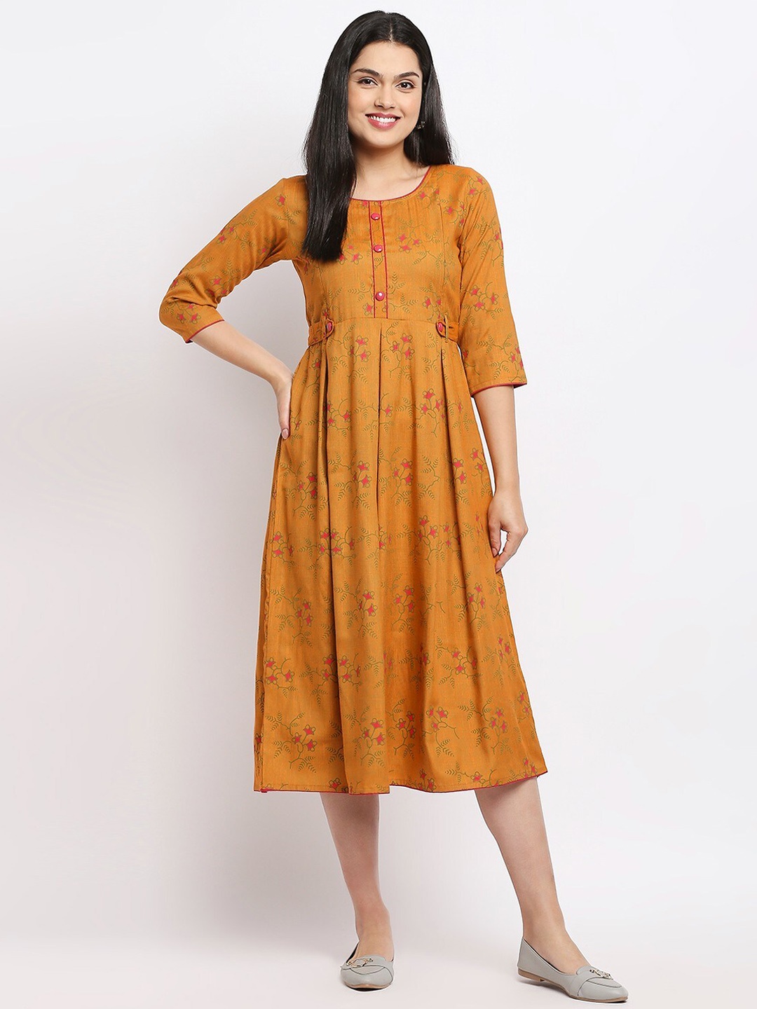 

True Shape Floral Printed Maternity Ethnic Dress, Mustard