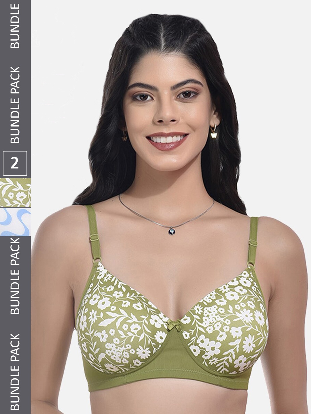 

StyFun Pack Of 2 Floral Printed Full Coverage Lightly Padded All Day Comfort Bra, Green