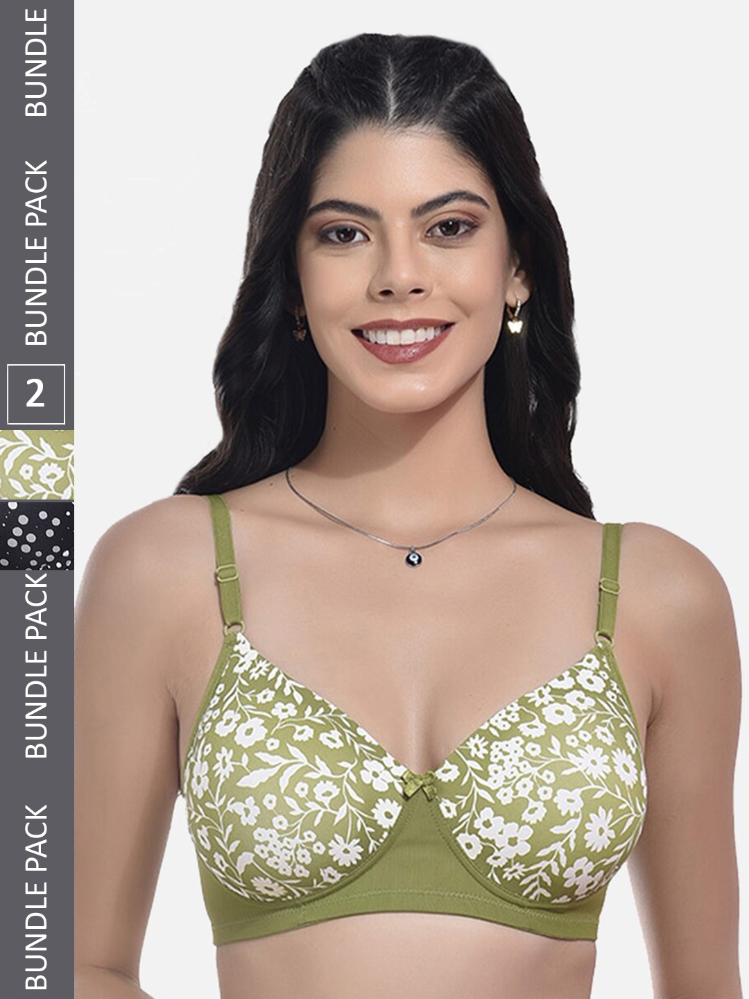

StyFun Pack Of 2 Floral Printed Full Coverage Lightly Padded All Day Comfort Bra, Green