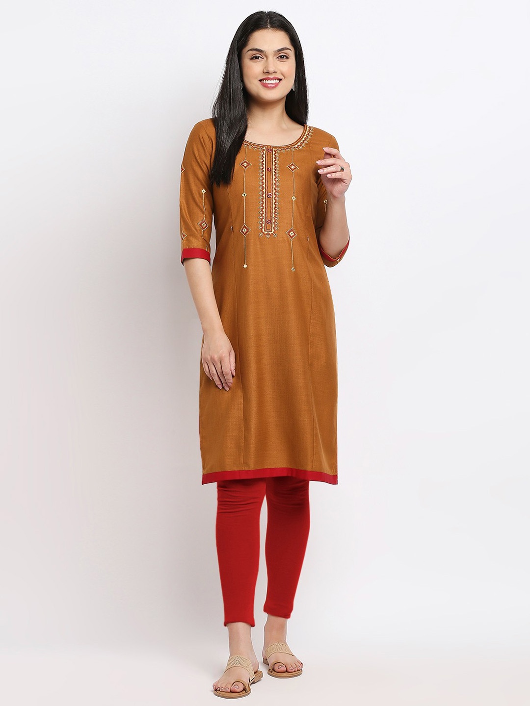 

True Shape Ethnic Embroidered Maternity Straight Kurta, Brown