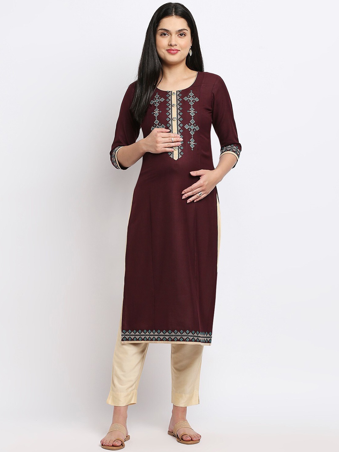 

True Shape Ethnic Embroidered Maternity Straight Kurta, Coffee brown