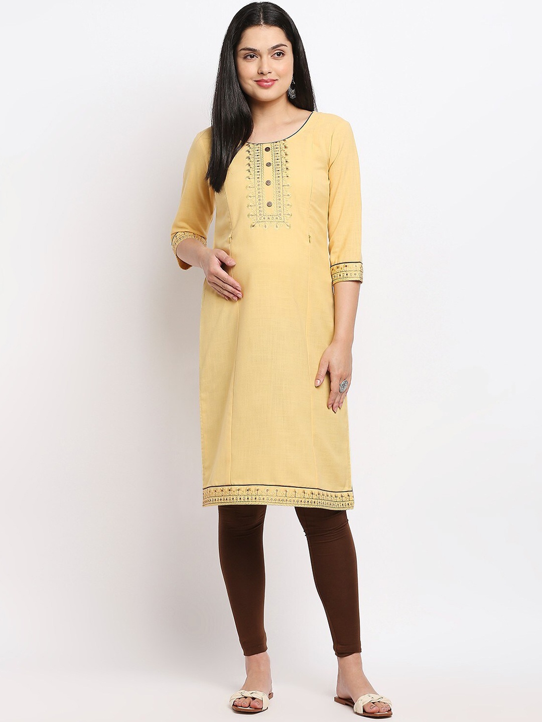 

True Shape Ethnic Embroidered Maternity Straight Kurta, Cream