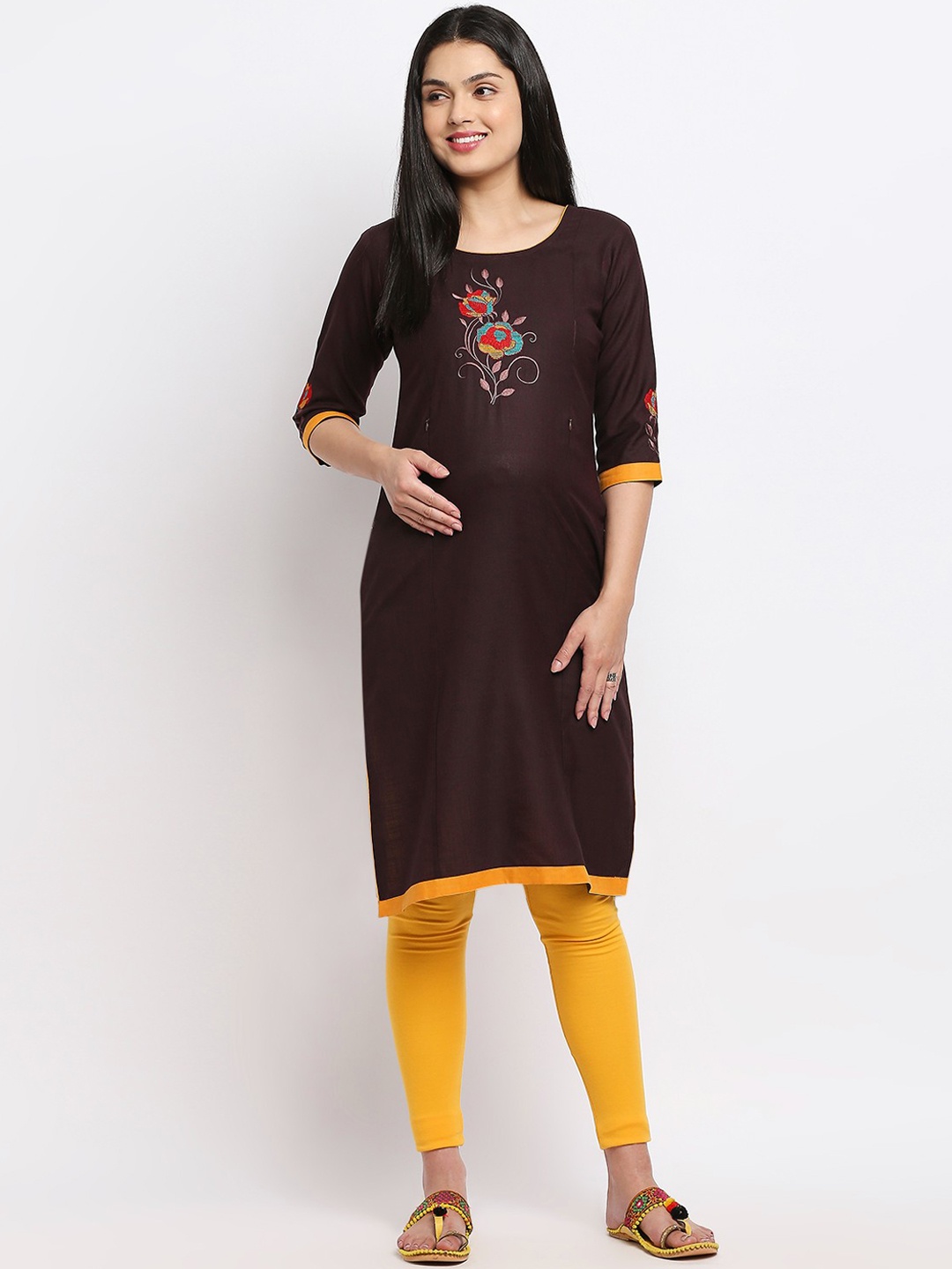 

True Shape Floral Embroidered Maternity Straight Kurta, Coffee brown