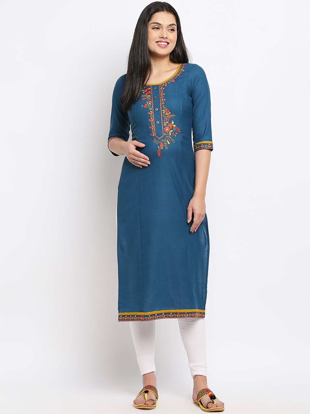 

True Shape Floral Embroidered Maternity Straight Kurta, Blue