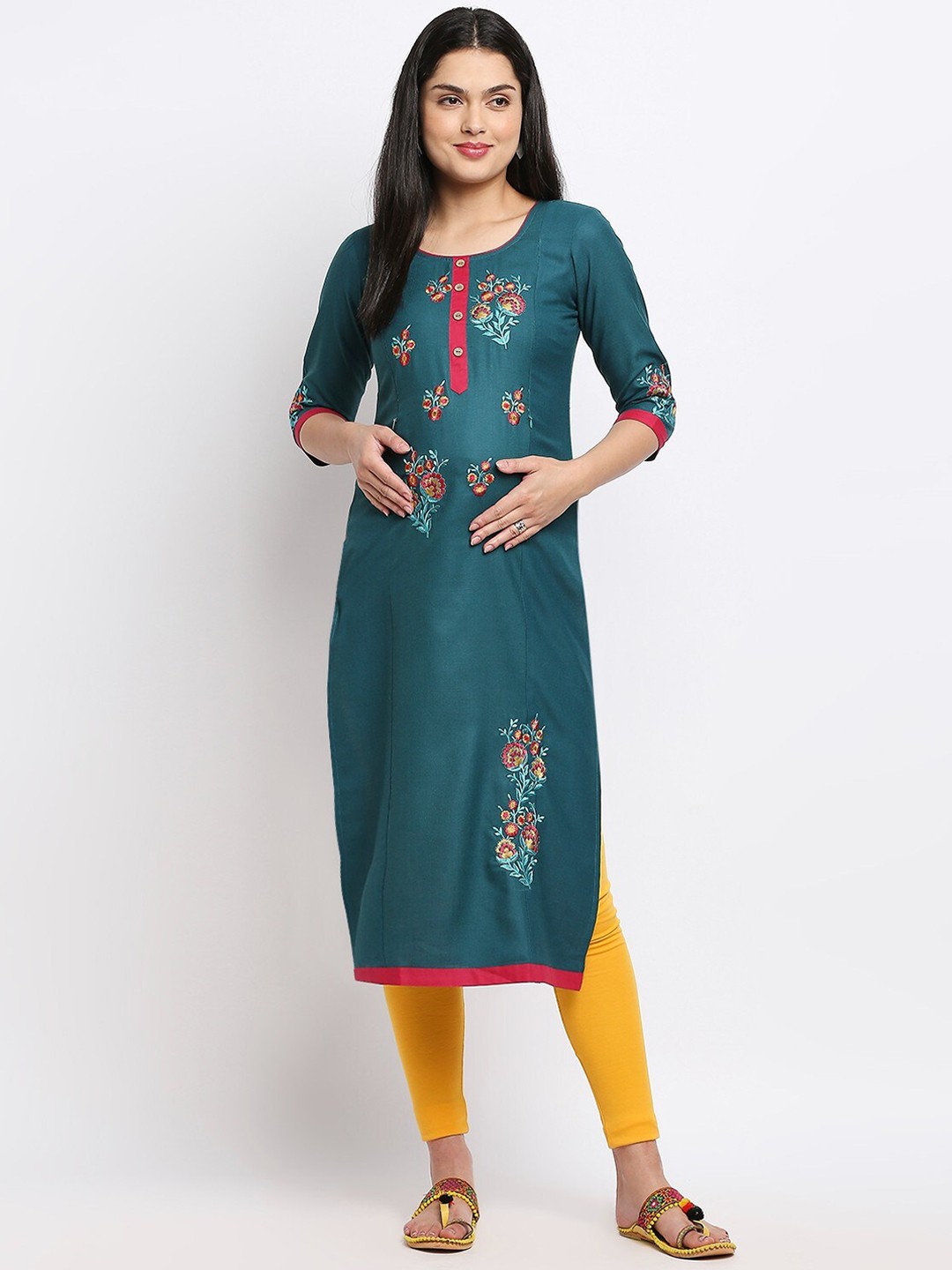 

True Shape Floral Embroidered Maternity Straight Kurta, Teal