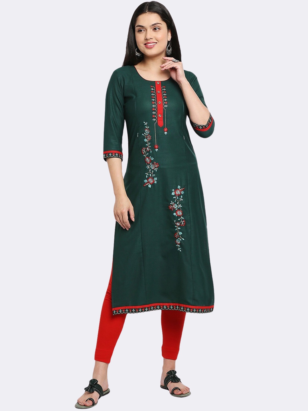 

True Shape Floral Embroidered Maternity Straight Kurta, Green