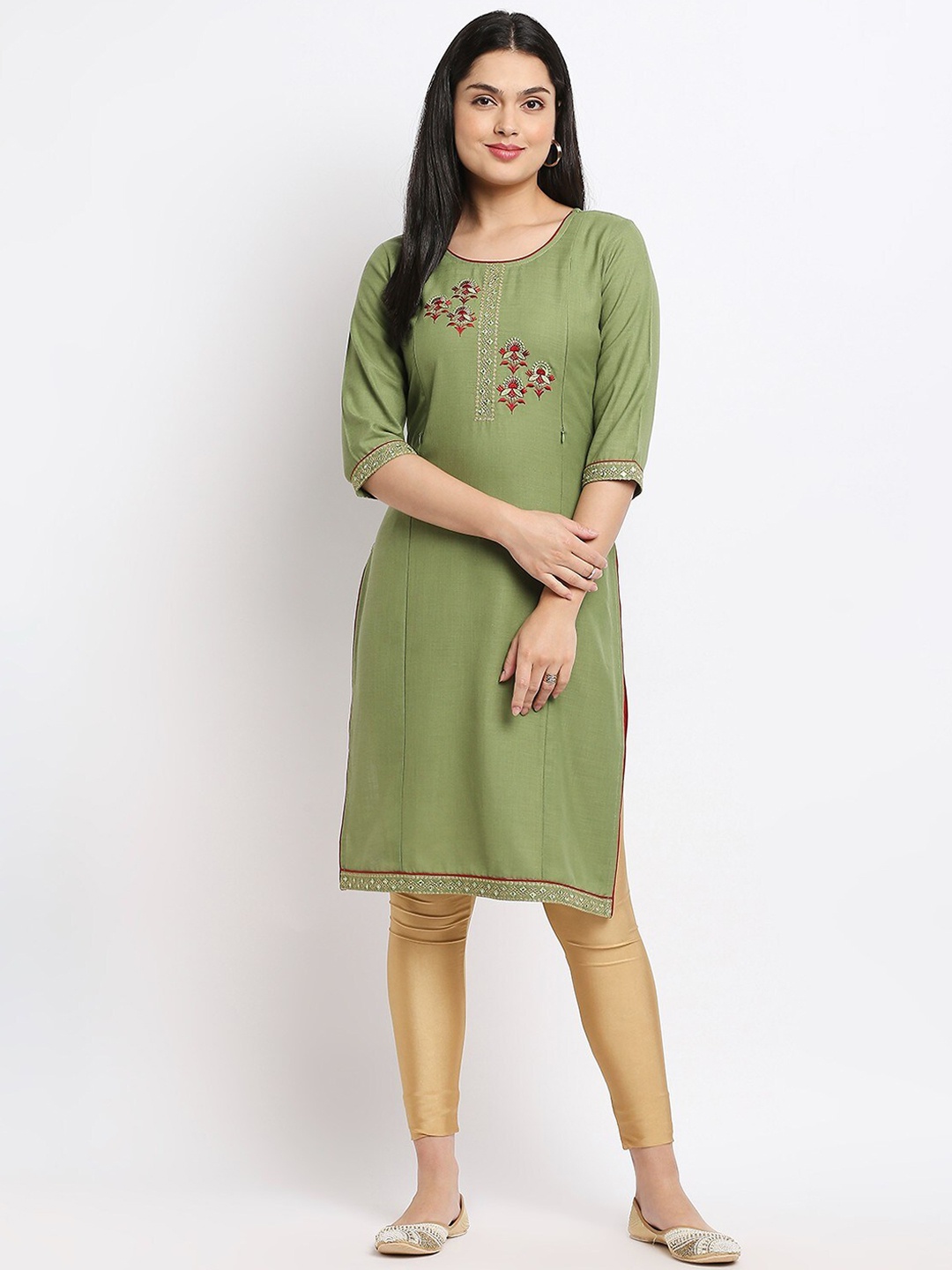 

True Shape Floral Embroidered Maternity Straight Kurta, Green