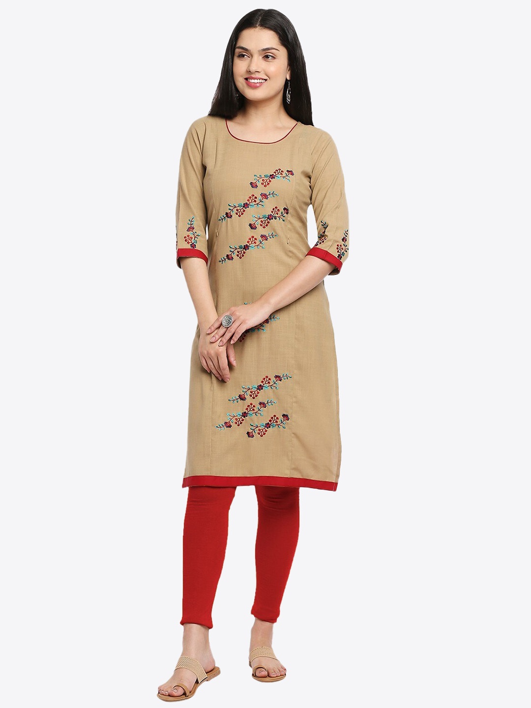 True Shape Floral Printed Maternity Straight Kurta, Khaki