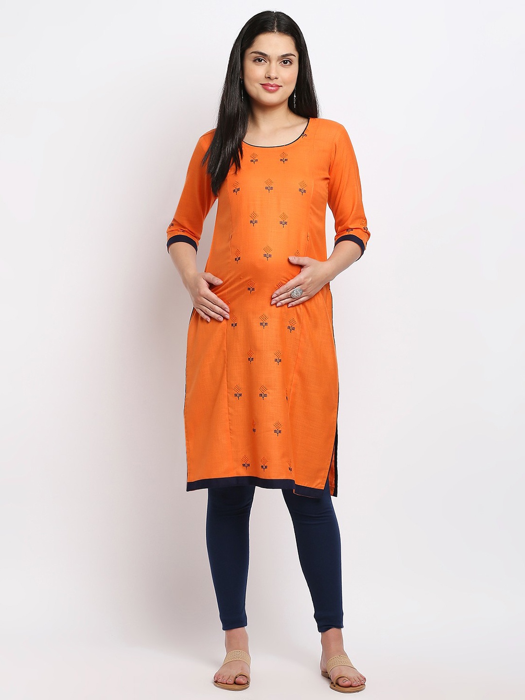 

True Shape Floral Printed Maternity Straight Kurta, Orange