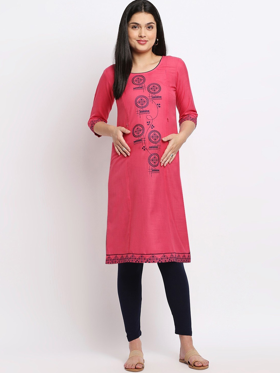 

True Shape Floral Embroidered Maternity Straight Kurta, Pink