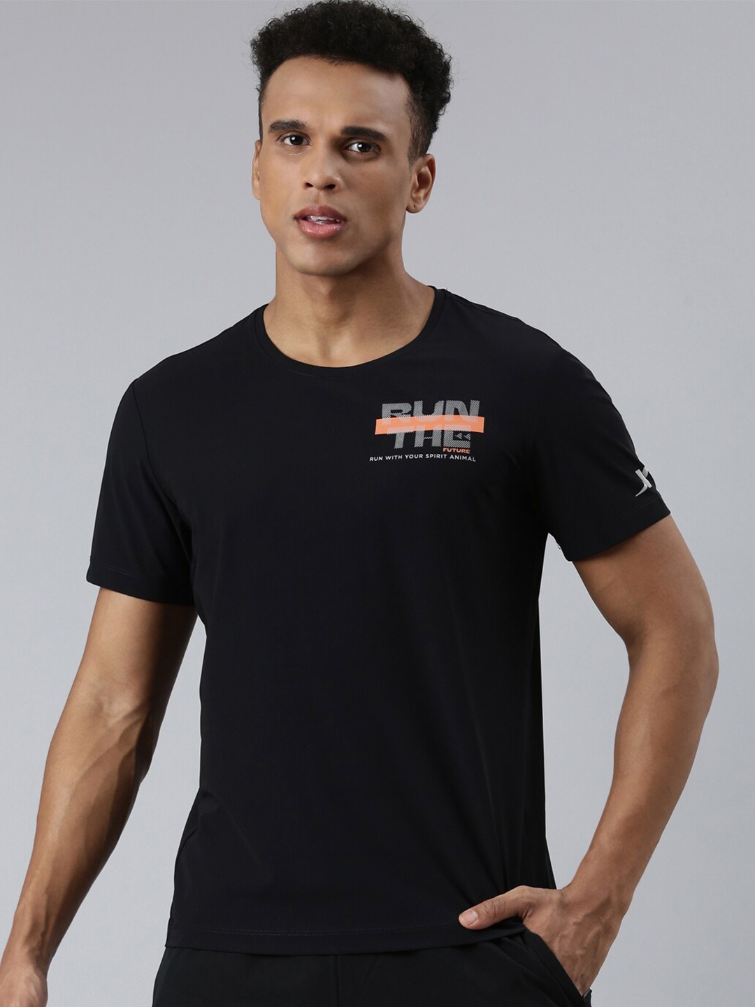 Xtep Typography Round Neck Cotton Regular T-Shirt, Black