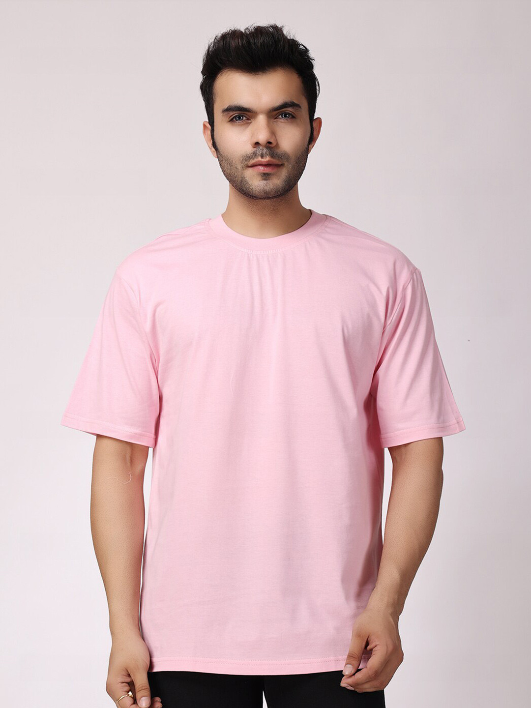 

The Label Bar Drop Shoulder Sleeves Loose Fit Cotton T-shirt, Pink