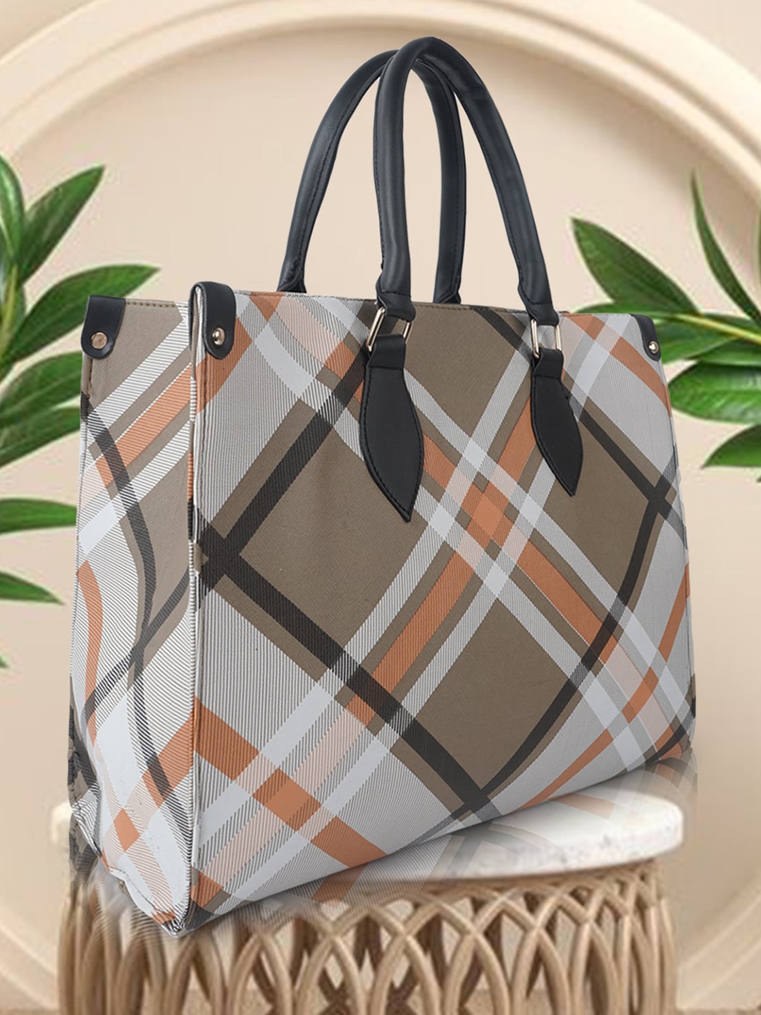 

FARGO Checked Structured Tote Bag, Brown