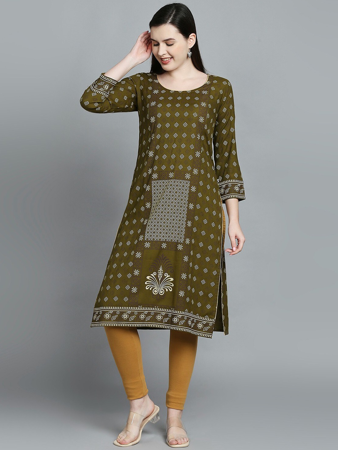 

True Shape Ethnic Motif Printed Maternity Kurta, Olive
