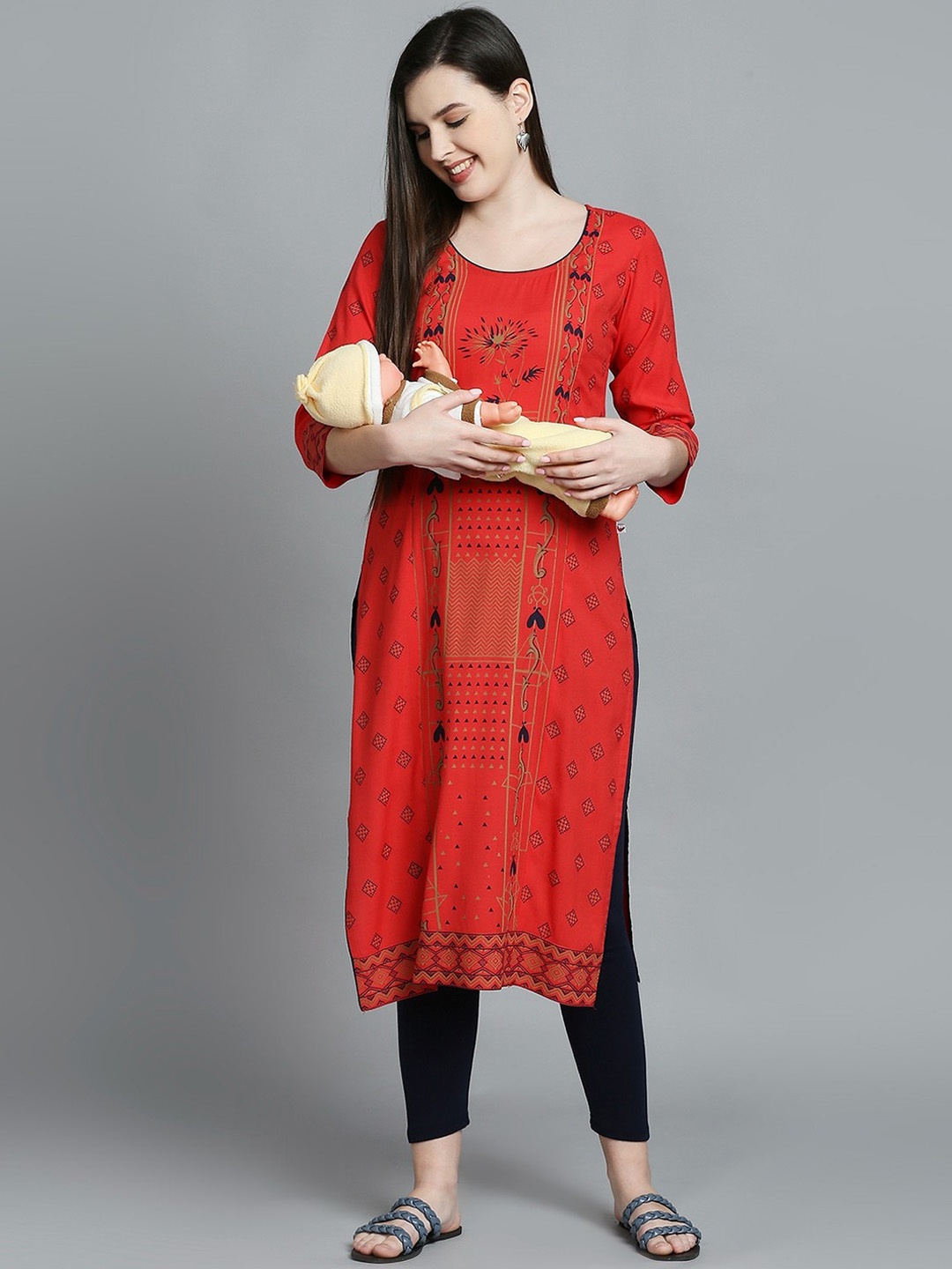 

True Shape Ethnic Motif Printed Maternity Feeding Kurta, Red