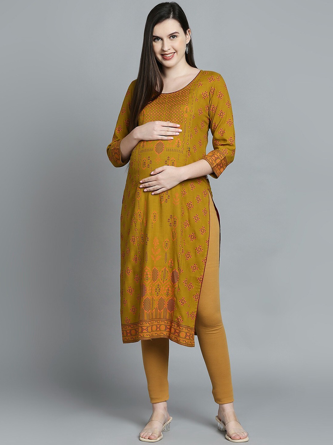 

True Shape Ethnic Motif Printed Maternity Feeding Kurta, Mustard