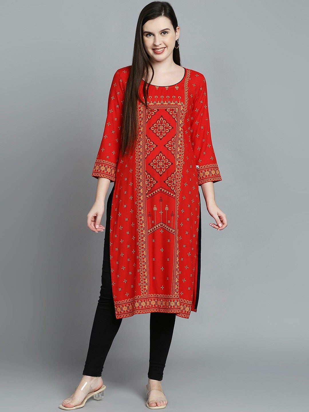 

True Shape Ethnic Motif Printed Maternity Feeding Kurta, Red