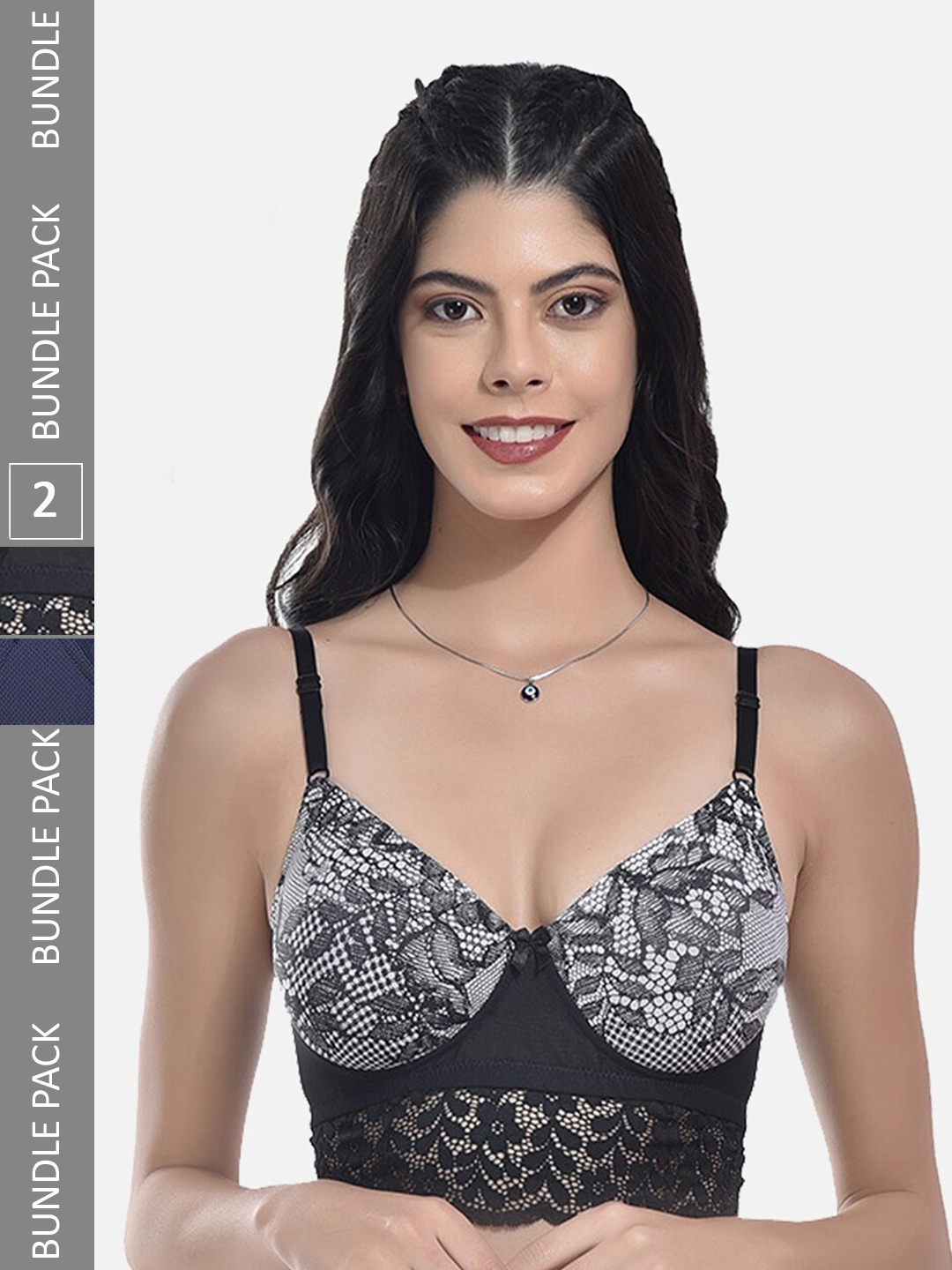 

StyFun Pack Of 2 Self Design Lace Full Coverage Lightly Padded Bra, Black