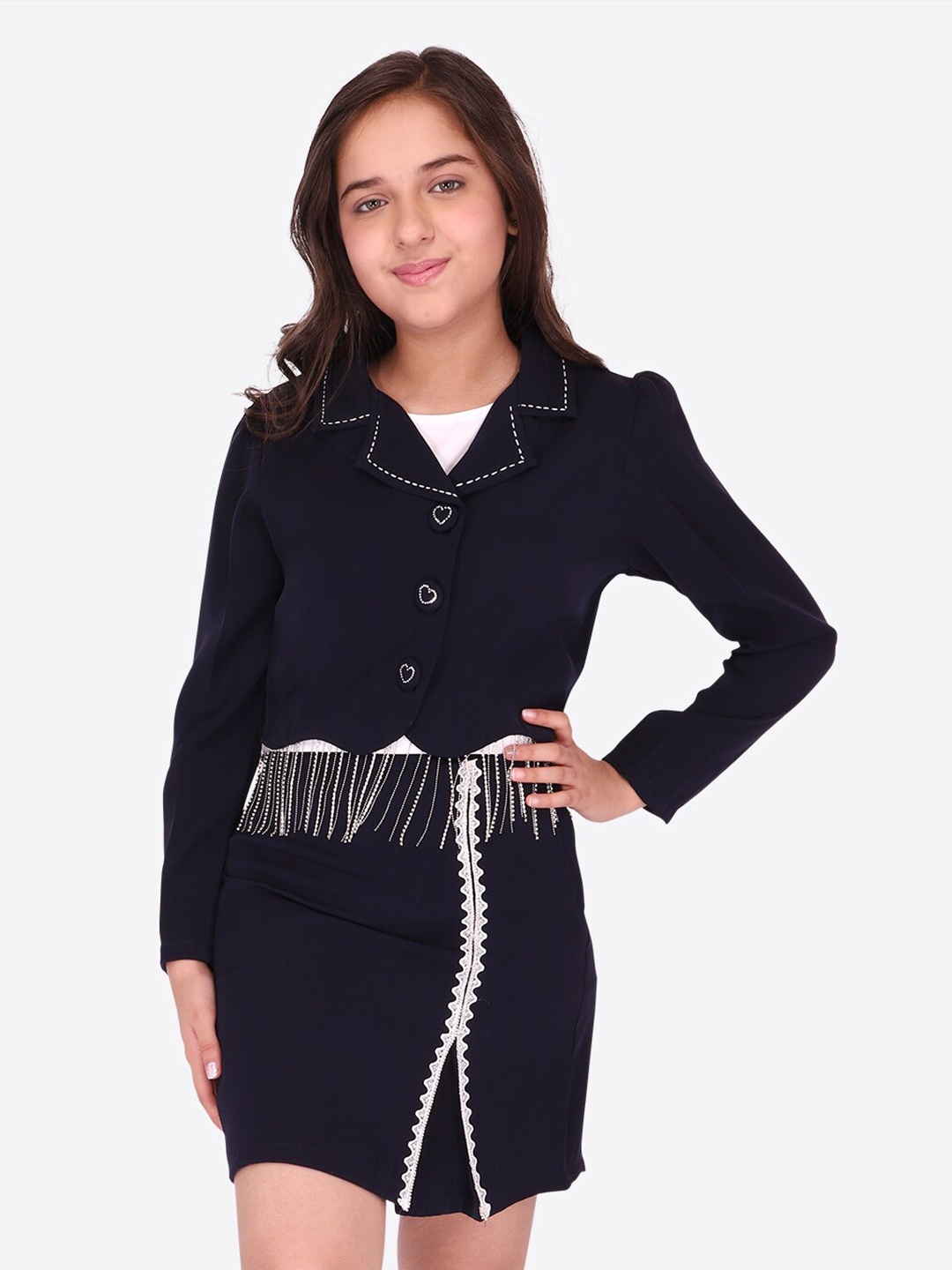

CUTECUMBER Girls Embellished Coat With Skirt, Navy blue