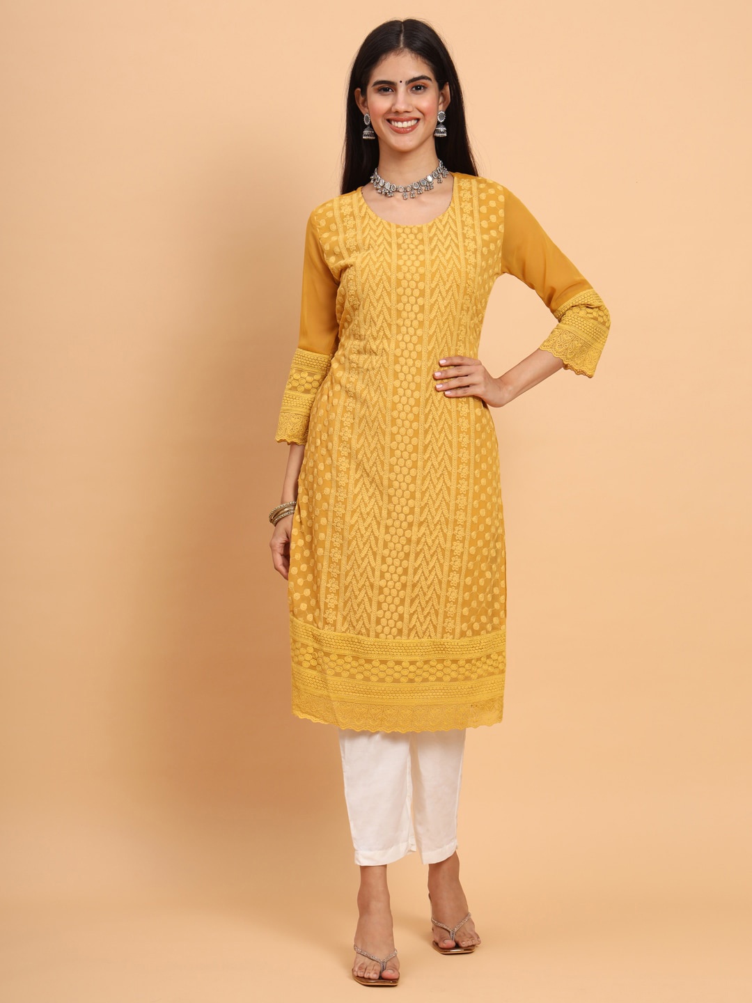 

Sangria Embroidered Round Neck Straight Georgette Chikankari kurta, Mustard