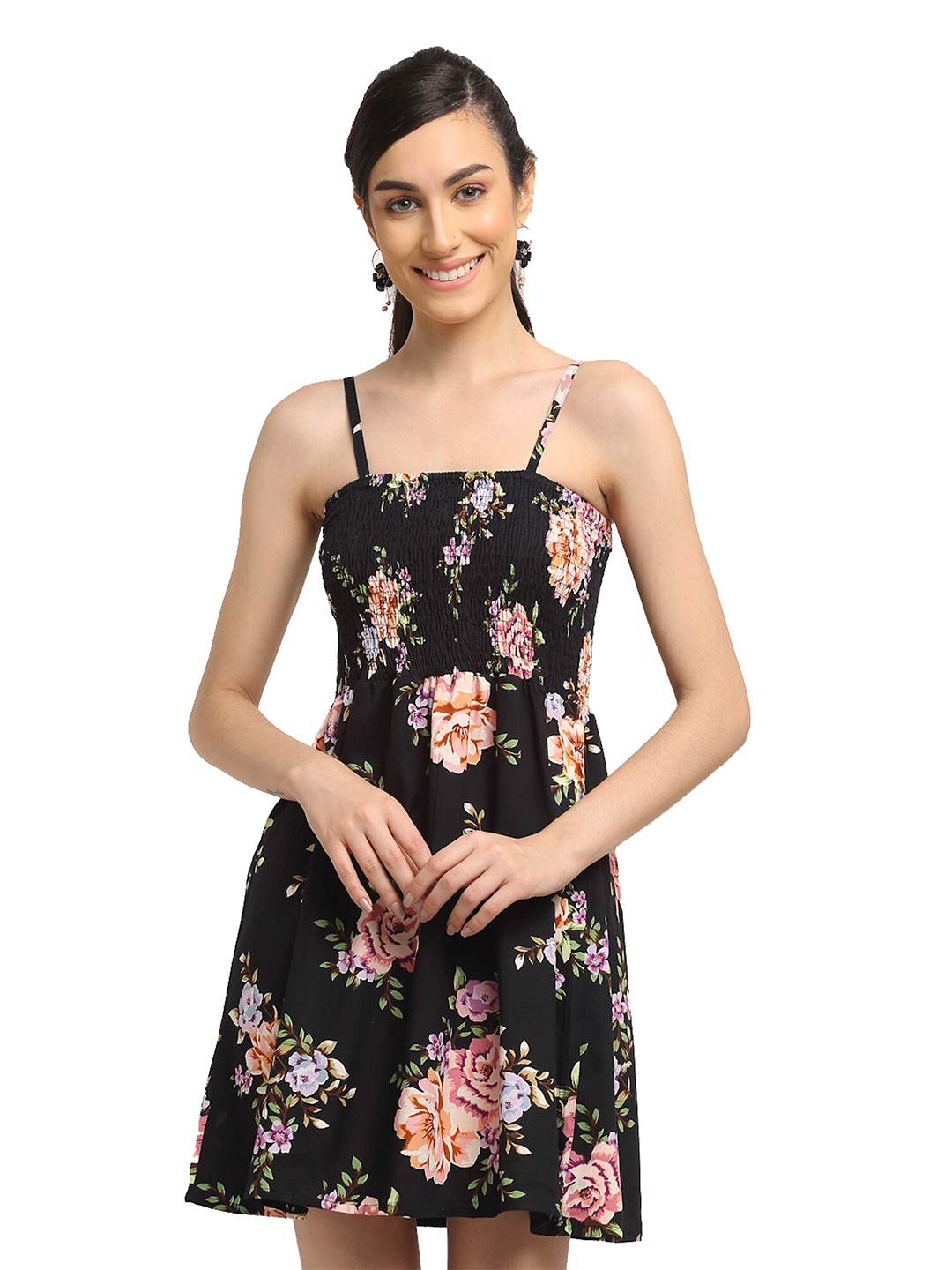 

BAESD Floral Printed Shoulder Straps Smocked A-Line Dress, Black