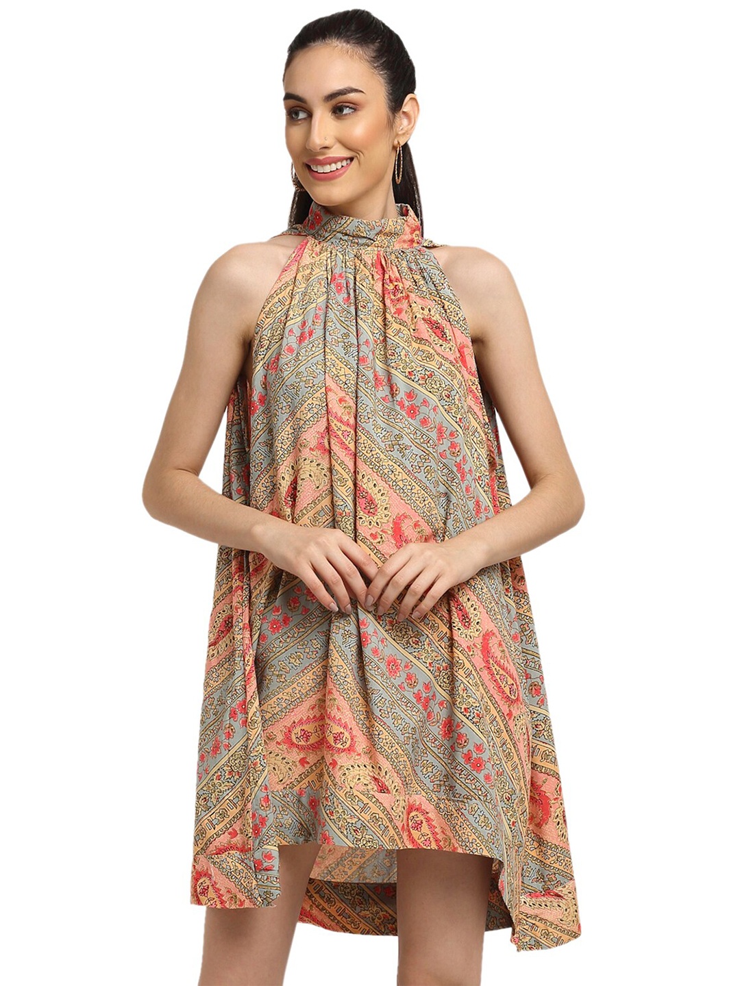 

BAESD Ethnic Motifs Printed Halter Neck Pleated A-Line Dress, Peach