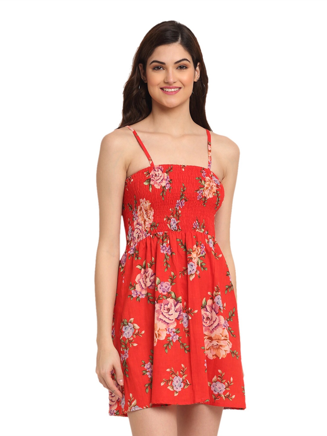 

BAESD Floral Printed Shoulder Straps Smocked A-Line Dress, Red