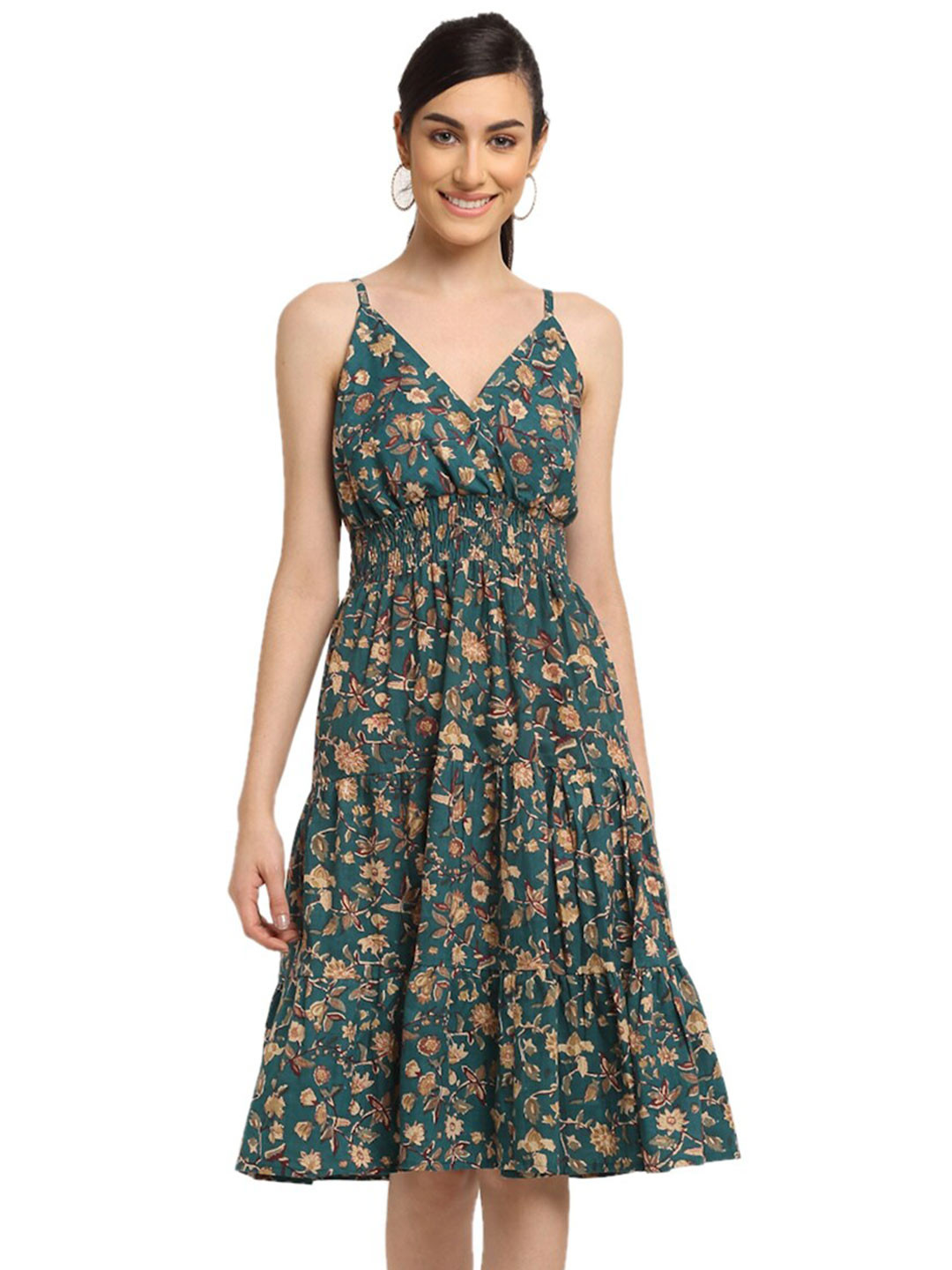 

BAESD Floral Printed Shoulder Strap Mini Empire Dress, Green
