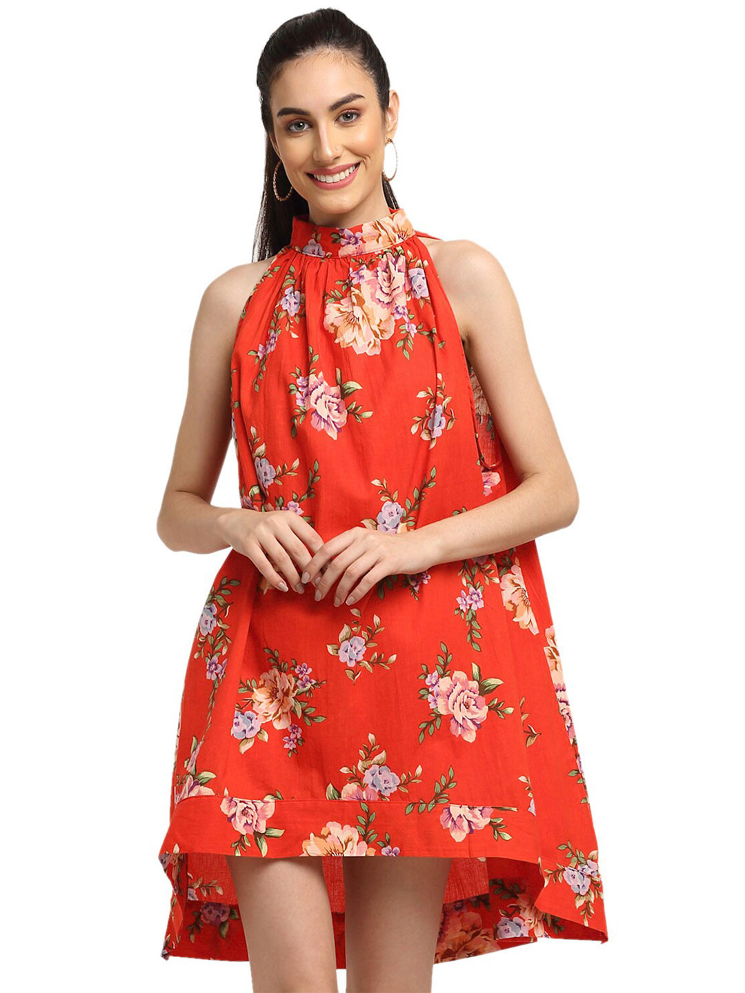 

BAESD Floral Printed Halter Neck High Low A-line Dress, Red