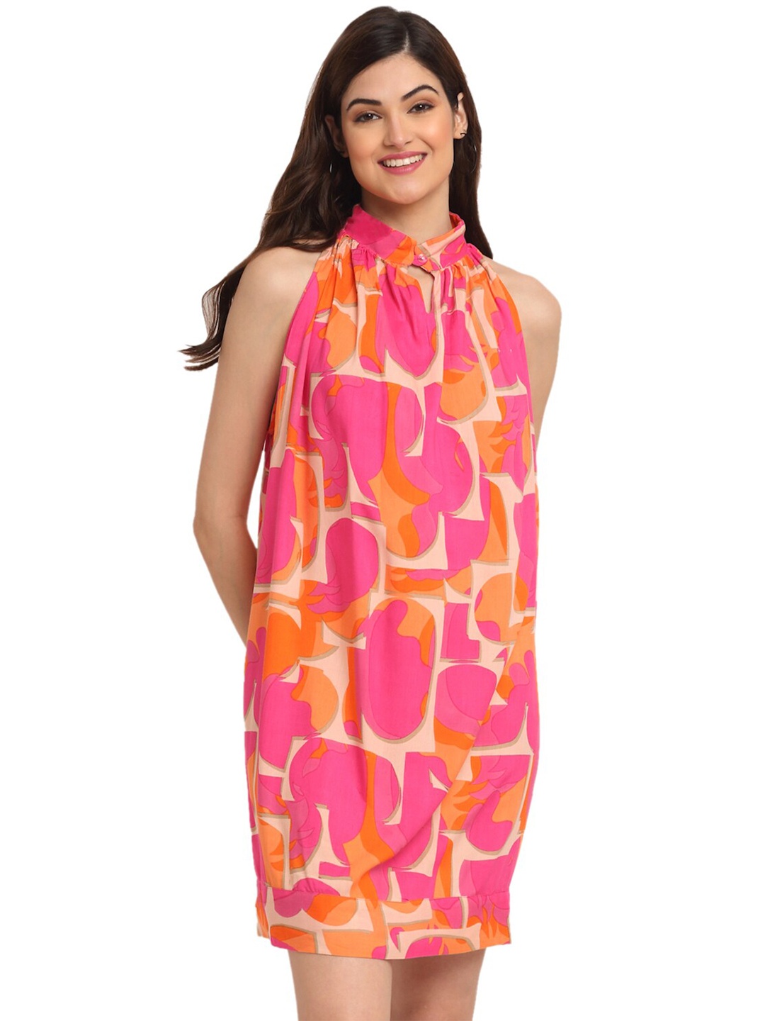 

BAESD Abstract Printed Mandarin Collar A-Line Dress, Pink