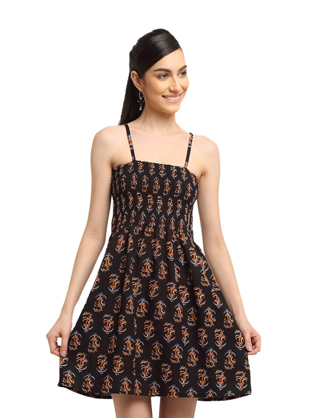 

BAESD Floral Printed Smocked Detailed Shoulder Straps Fit & Flare Dress, Black