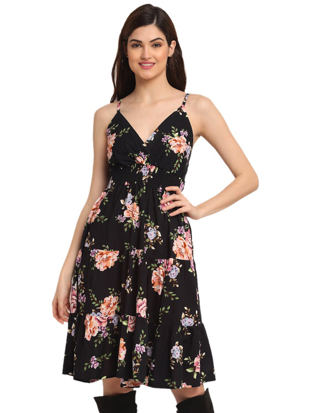 

BAESD Floral Printed Smocked Detailed Tiered V-Neck Fit & Flare Dress, Black
