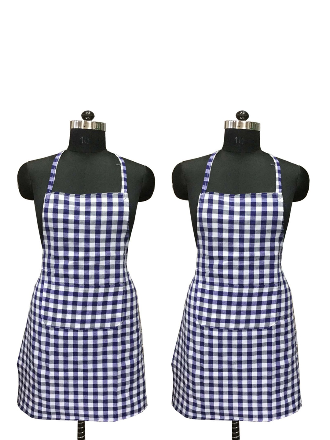 

Lushomes White & Blue 2-Pieces Checked Cotton Aprons