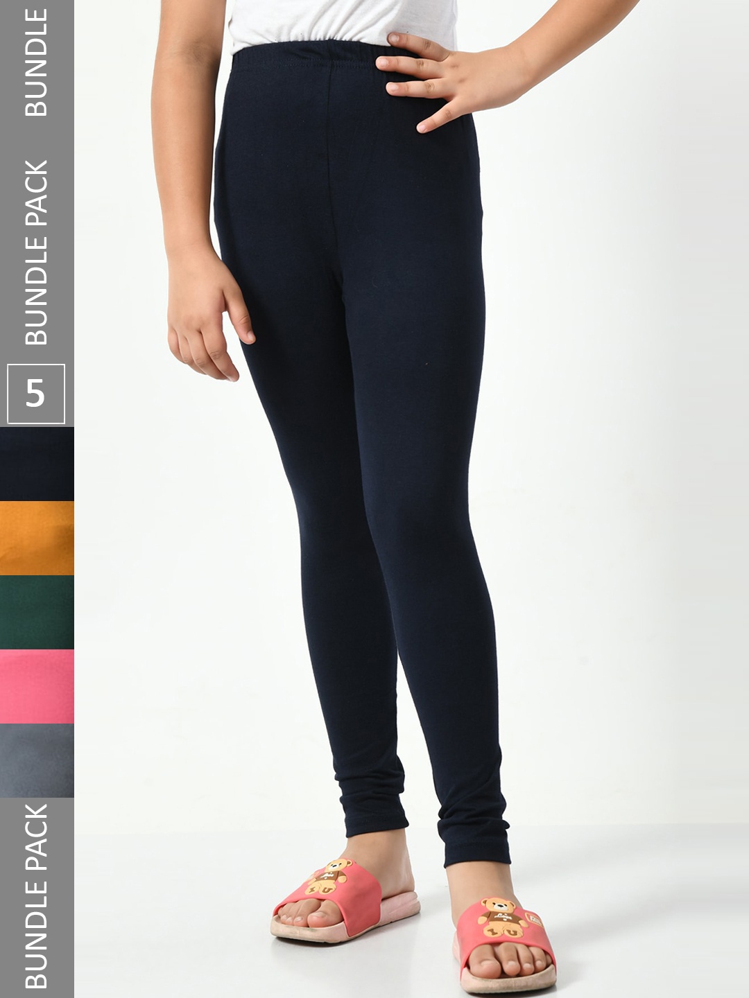 

BAESD Girls Pack Of 5 Churidar-length Super Soft Cotton Lycra Leggings, Navy blue