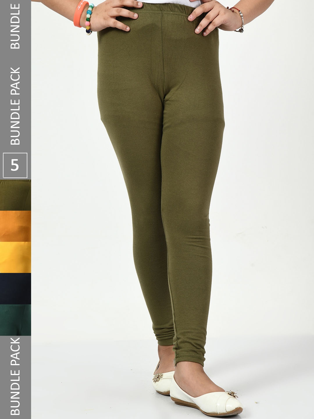 

BAESD Girls Pack Of 5 Churidar-length Super Soft Cotton Lycra Leggings, Olive