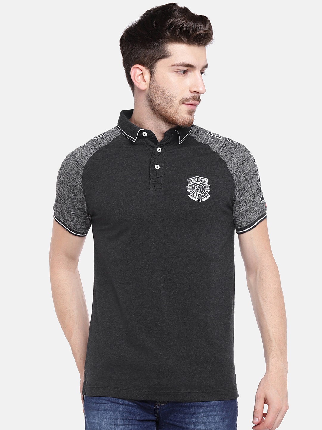 

Being Human Clothing Men Charcoal Grey Solid Polo Collar T-shirt