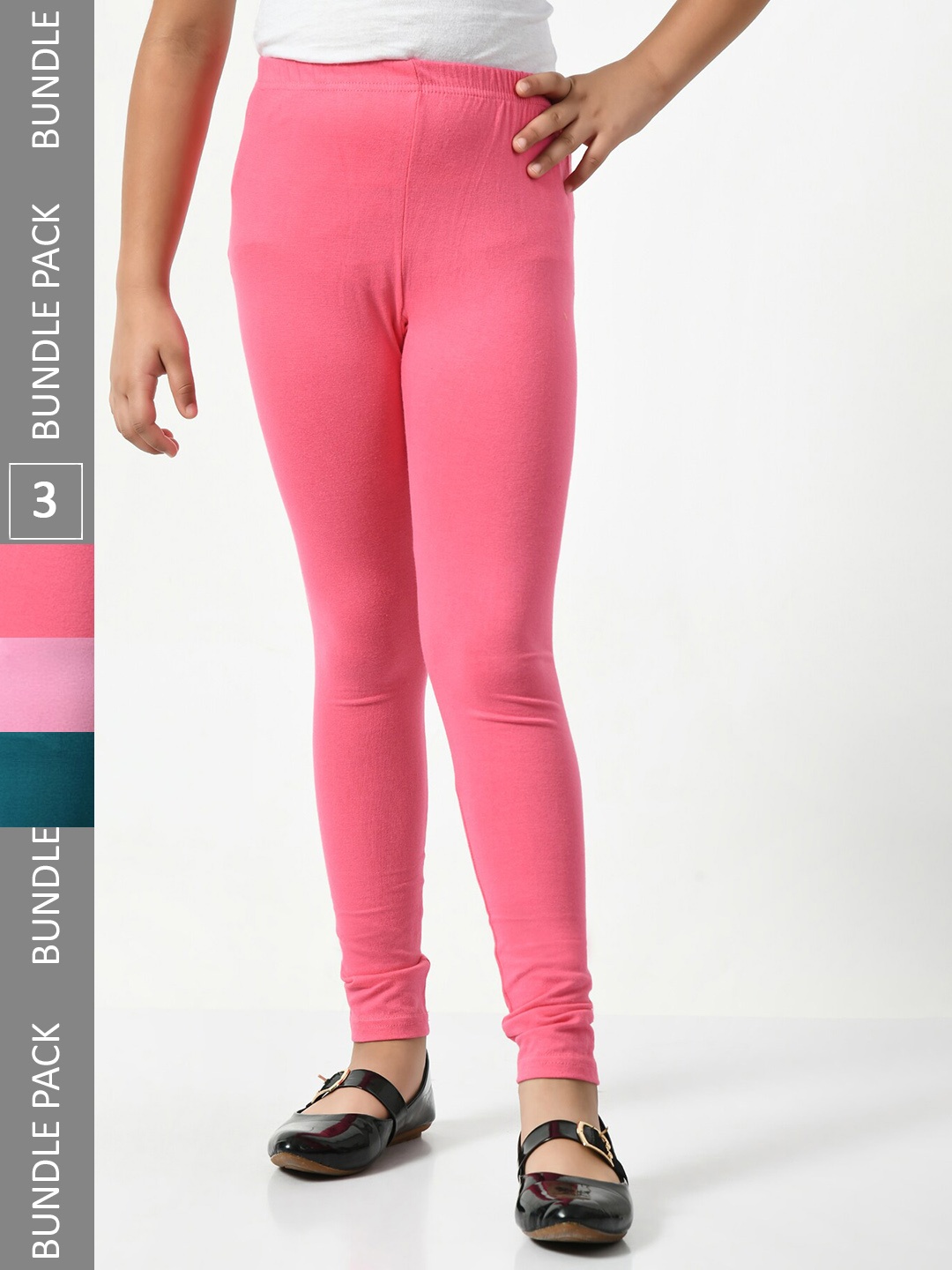 

BAESD Girls Pack Of 3 Churidar Length Cotton Lycra Leggings, Pink