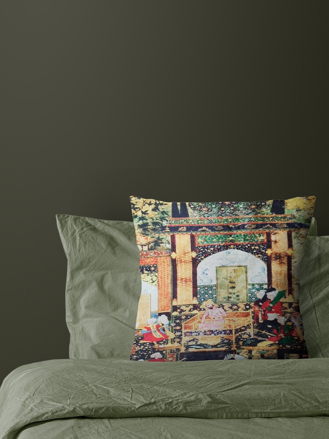 

Just Home Green & Peach-Coloured Ethnic Motifs Velvet Square Cushion Cover