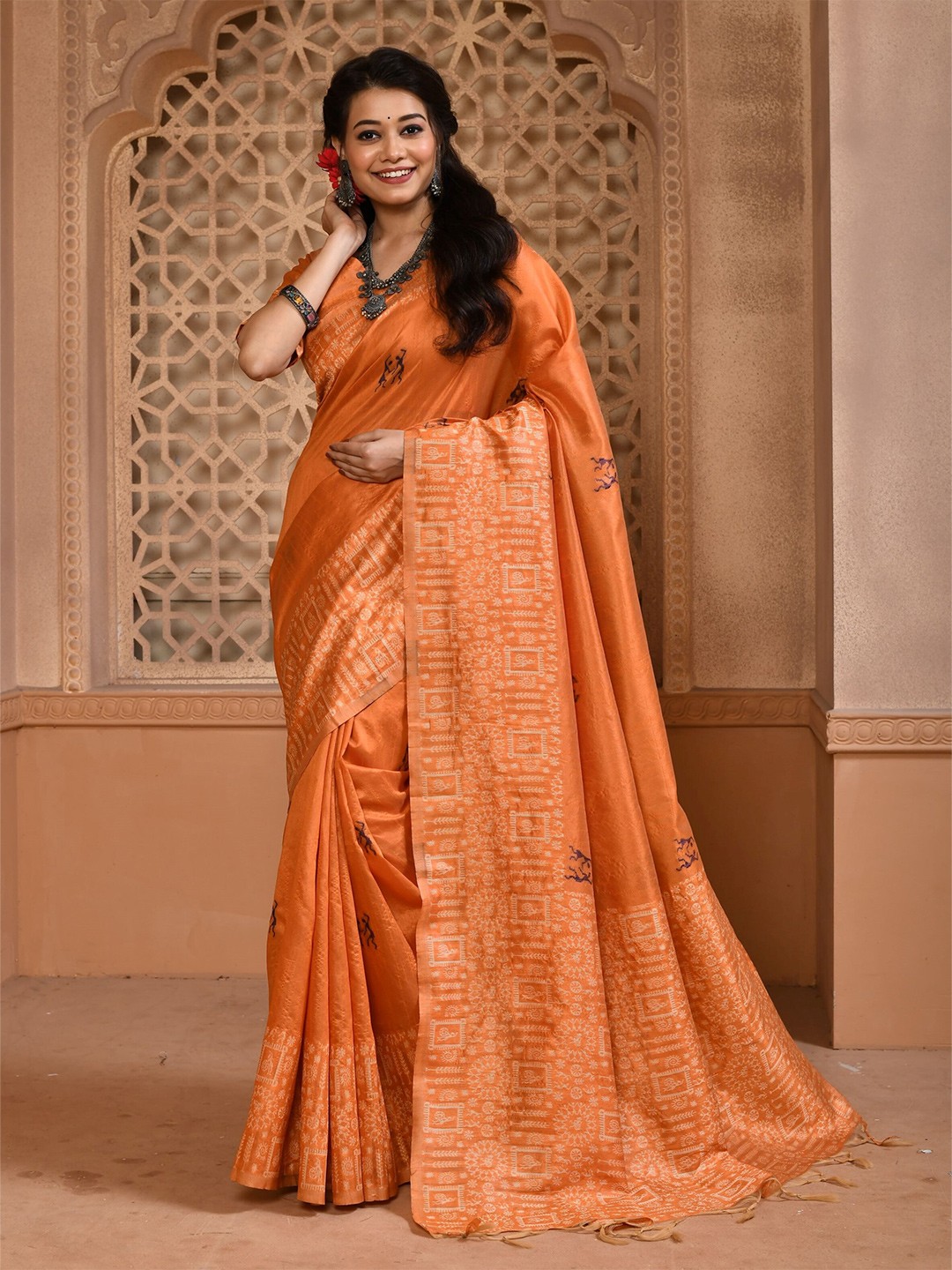 

Anouk Orange Ethnic Motifs Printed Banarasi Saree