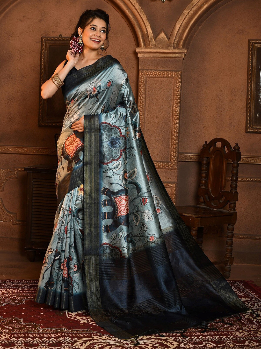 

Anouk Teal Blue Floral Printed Zari Banarasi Saree