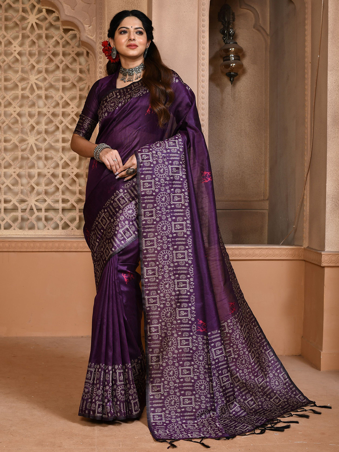

Anouk Purple Ethnic Motifs Printed Banarasi Saree