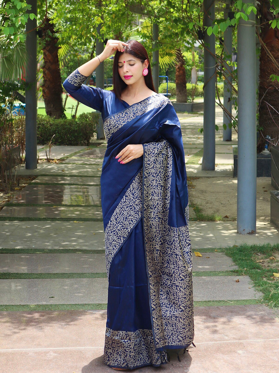 

Anouk Navy Blue Ethnic Motifs Printed Banarasi Saree