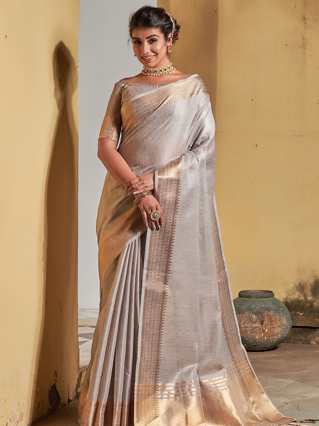

Anouk Grey Zari Silk Blend Banarasi Saree