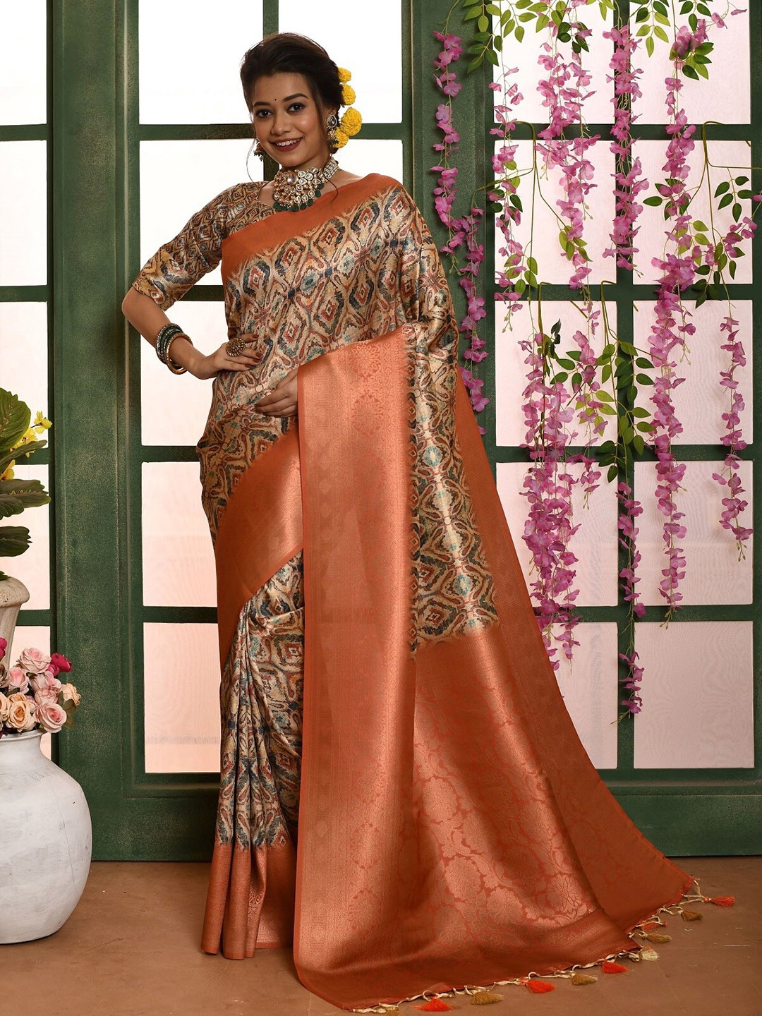 

Anouk Cream Ethnic Motifs Printed Zari Banarasi Saree