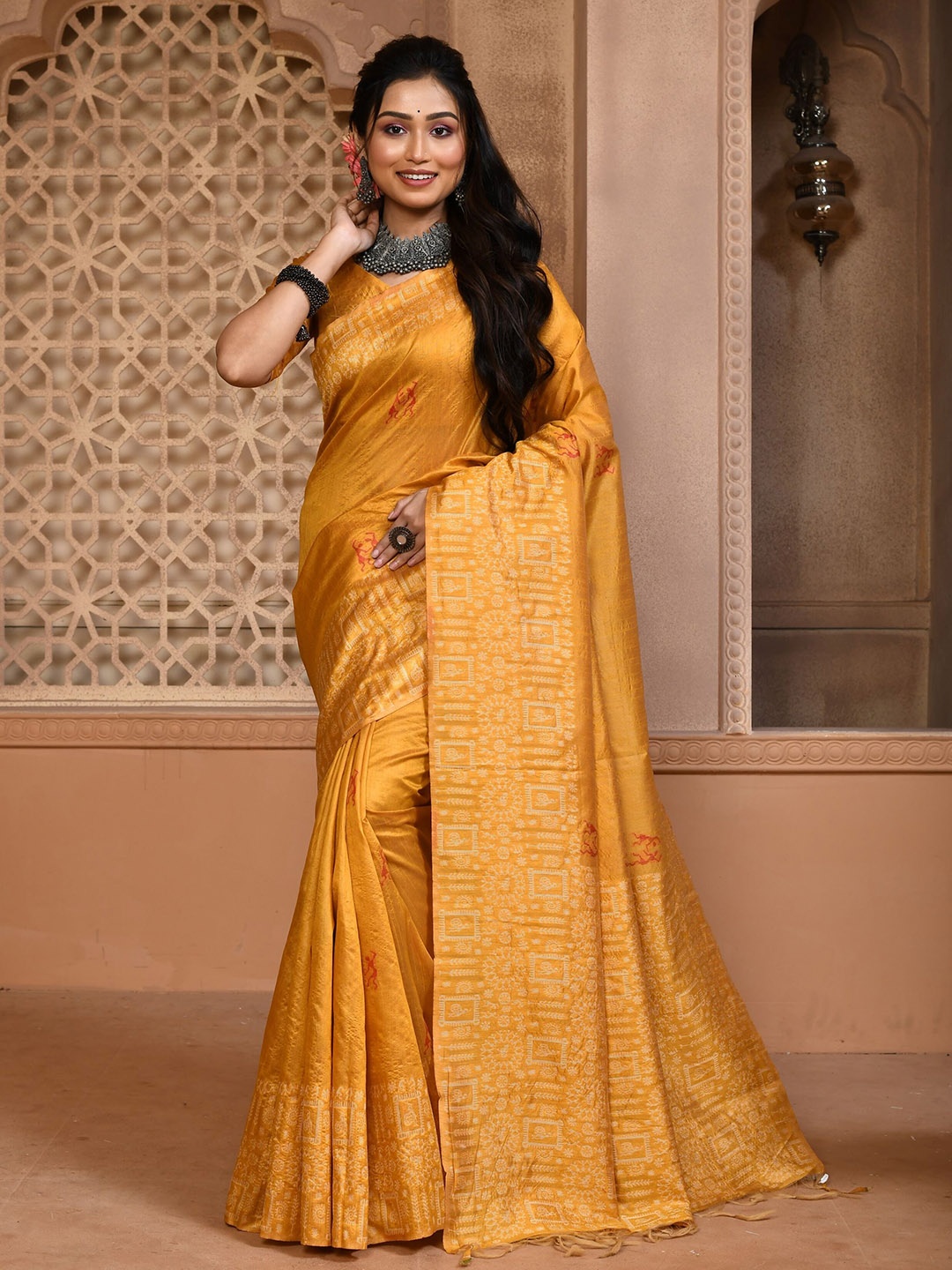 

Anouk Green Ethnic Motifs Printed Banarasi Saree, Mustard