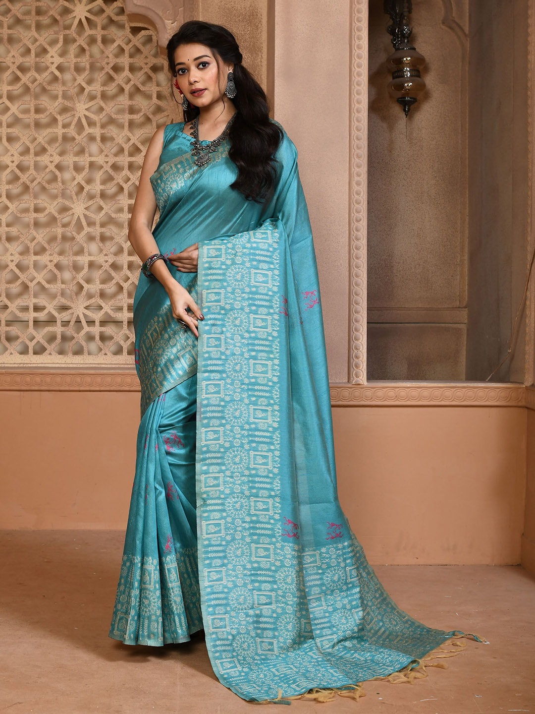 

Anouk Teal Blue Ethnic Motifs Printed Banarasi Saree