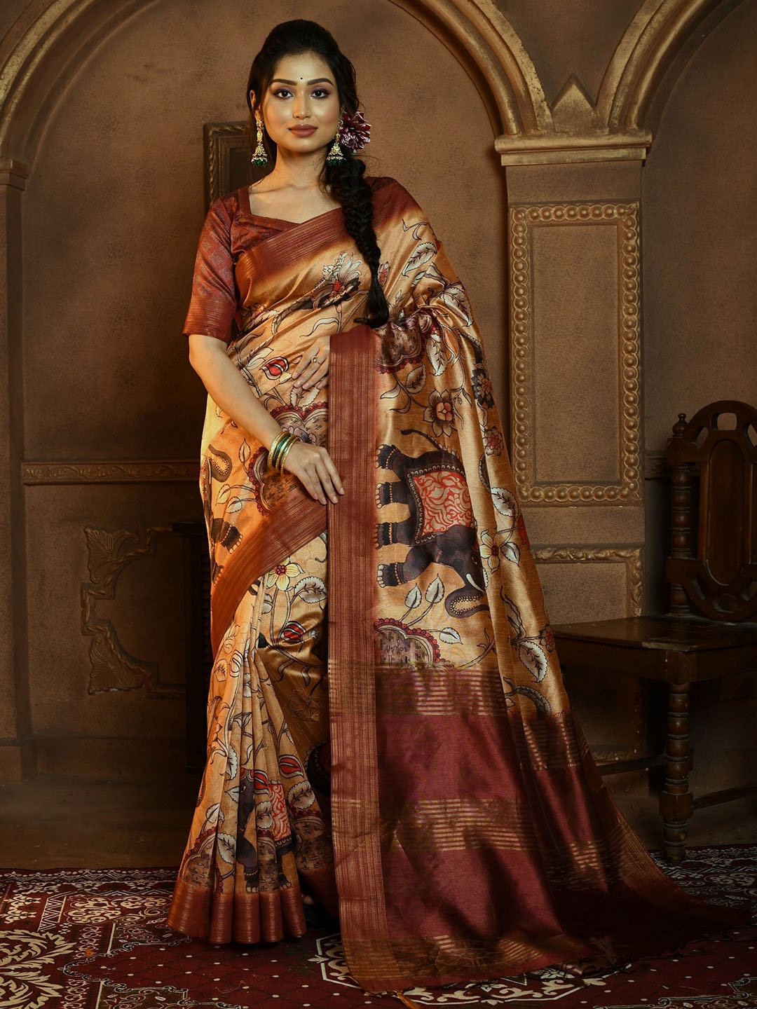 

Anouk Mustard Floral Printed Zari Banarasi Saree