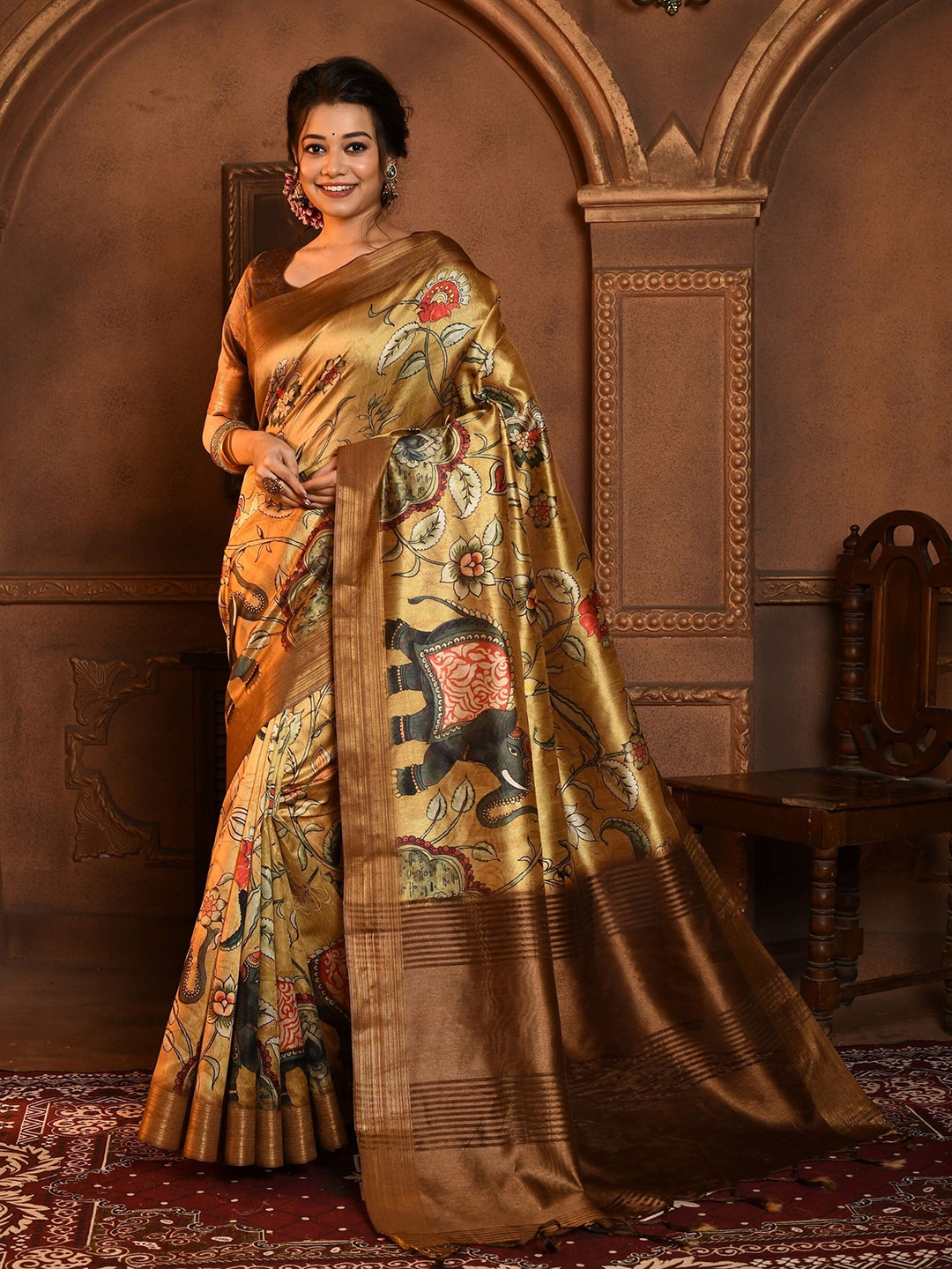 

Anouk Mustard Floral Printed Zari Banarasi Saree
