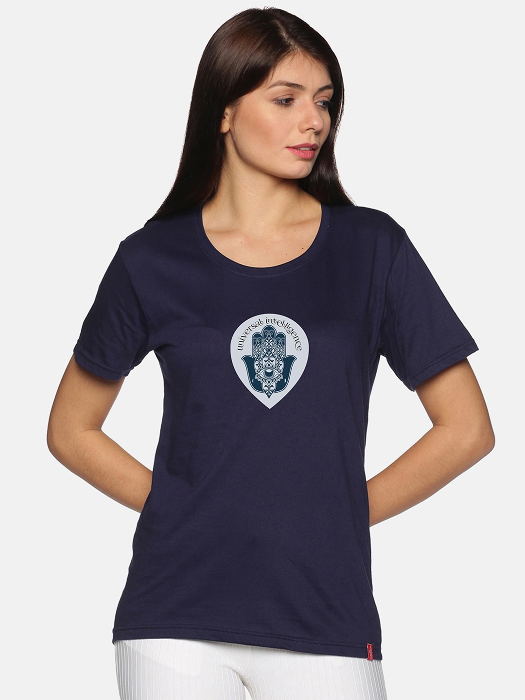 

NOT YET by us Graphic Printed Round Neck Regular Fit Cotton Casual T-Shirt, Navy blue