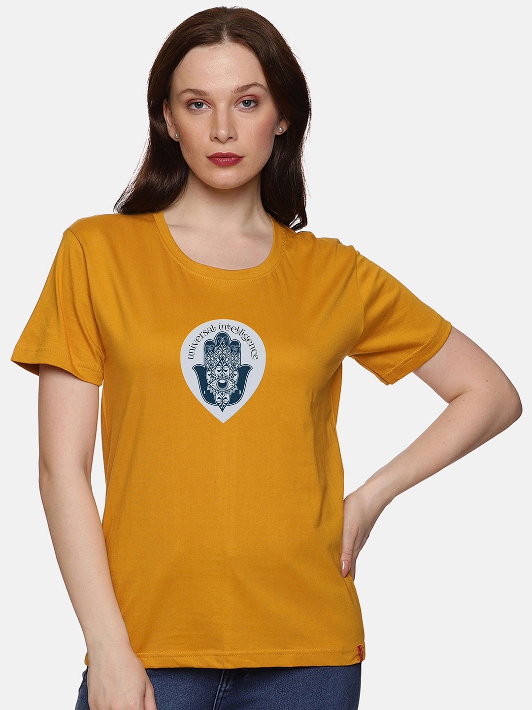 

NOT YET by us Typography Round Neck Cotton T-Shirt, Mustard